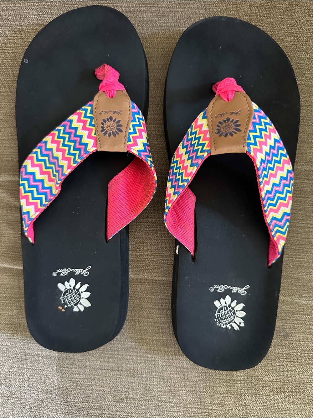 Yellow Box Black Sandals with Multicolor Chevron Straps